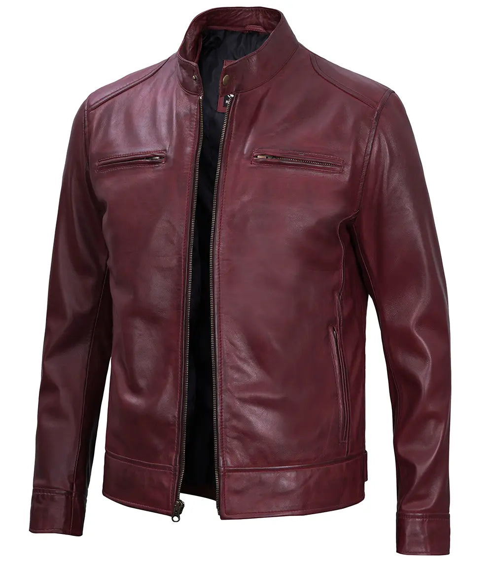 thumbnail image 2 of Cafe Racer Jacket Decrum Men's Cowhide Leather Jacket - Casual Cafe Racer Style Brown Leather Jacket Ww1 Commemorative Coin 2 of 13