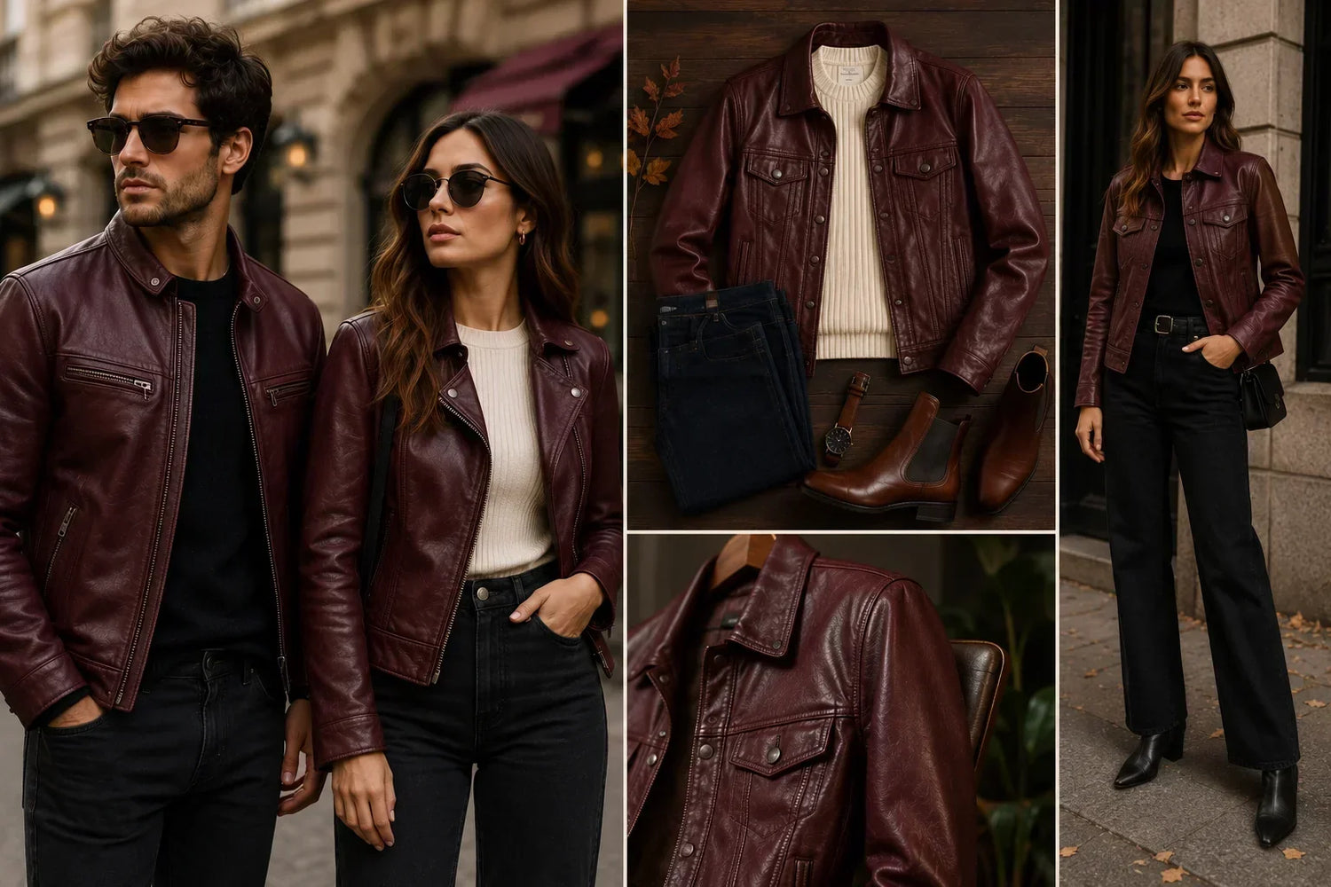 Burgundy leather fashion in city streets