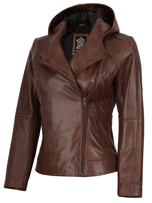 Cidra Women Asymmetrical Brown Hooded Leather Jacket