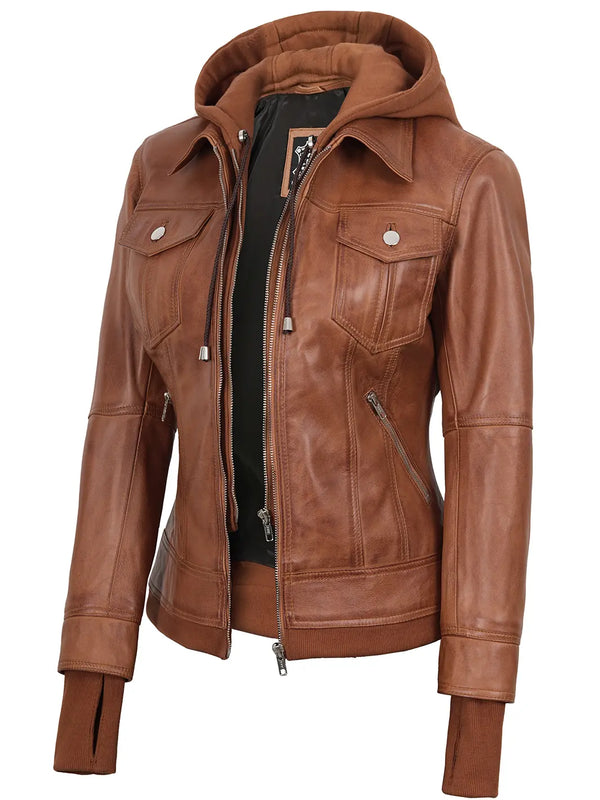 Tralee Womens Tan Wax Bomber Leather Jacket With Removable Hood
