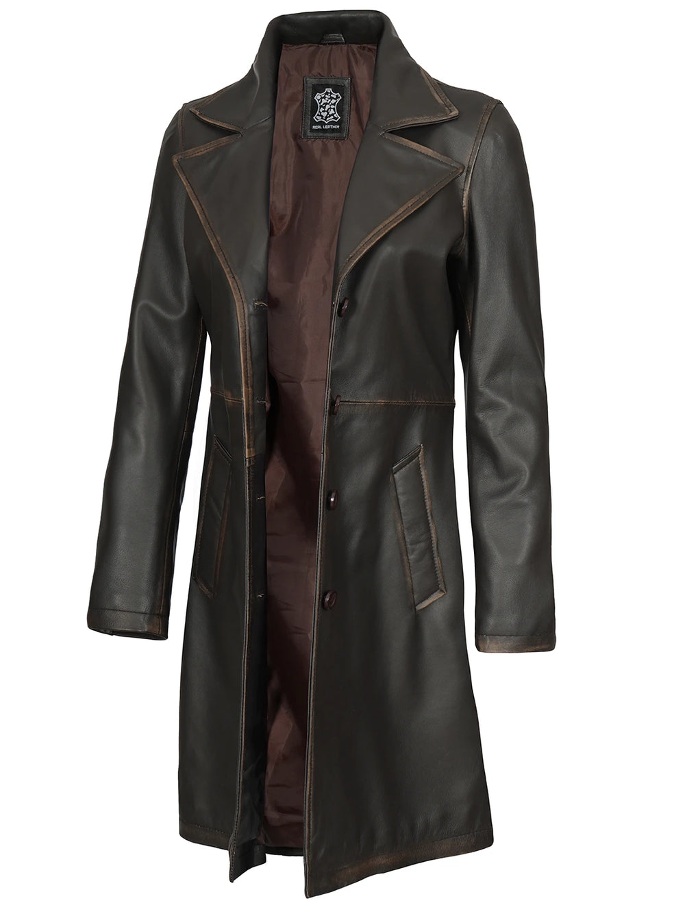 Brown leather coat with a brand label on a white background