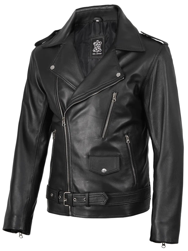 Men's Black Asymmetrical Belted Leather Biker Style Jacket