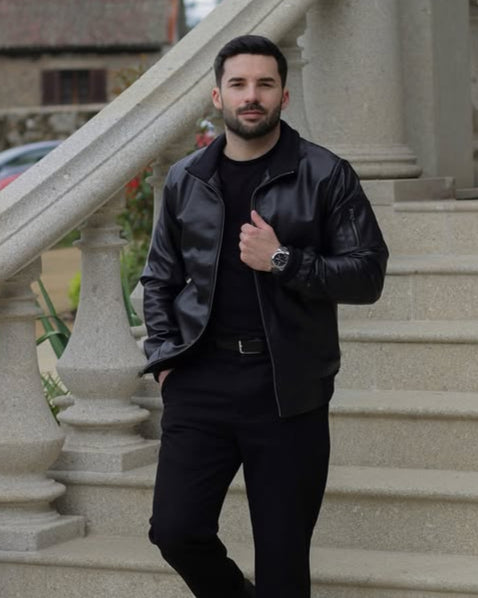 Mens Black Real Cowhide Leather Bomber Jacket