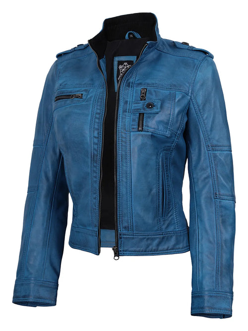 Tavares Womens Vivid Blue Biker Style Leather Jacket