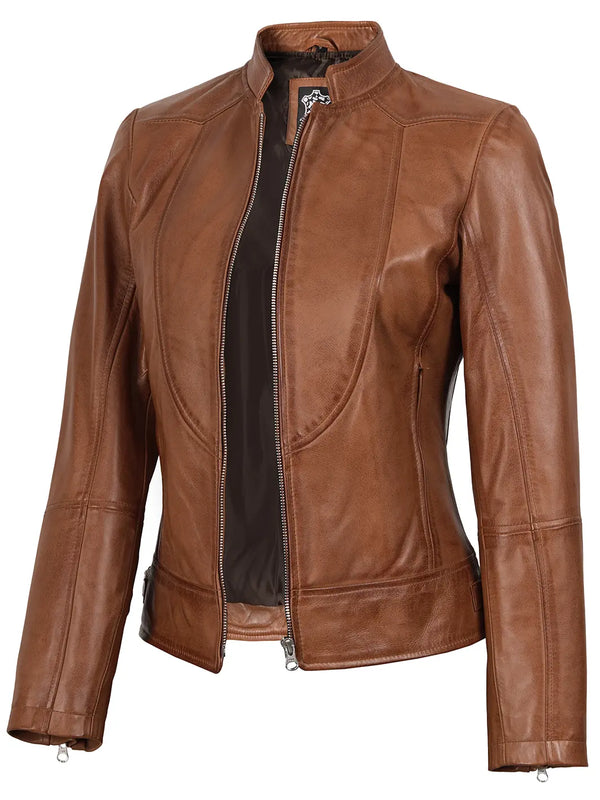 Amy Womens Cafe Racer Tan Brown Real Leather Jacket