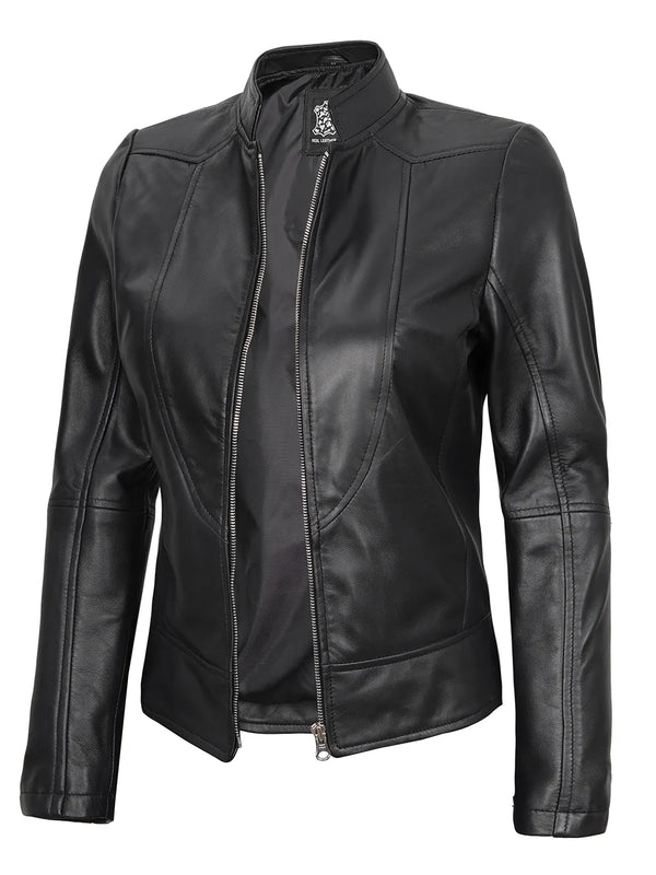 Amy Black Cafe Racer Leather Jacket Womens 