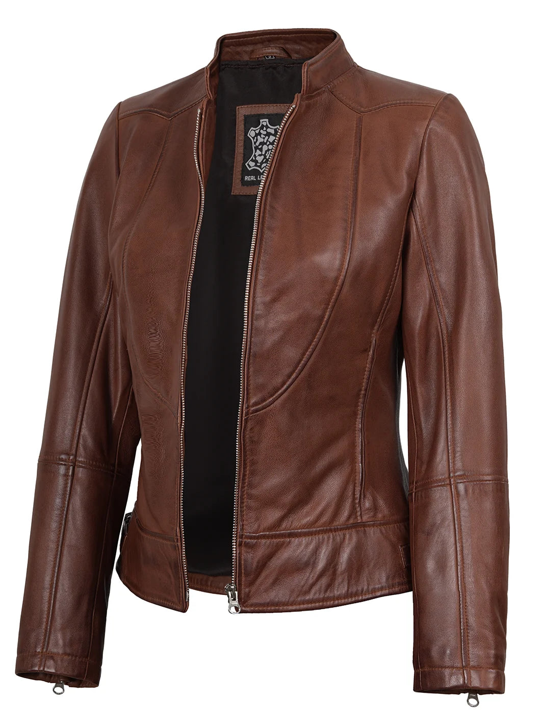 Brown leather jacket on a white background