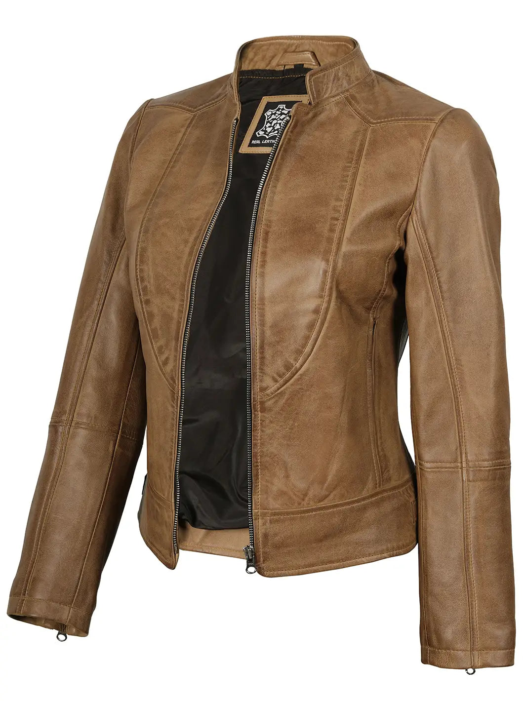 Womens Camel Leather Biker Style Jacket