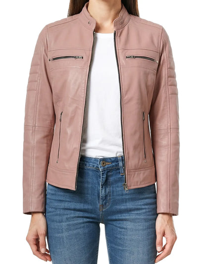 Women's pink cafe racer style leather jacket