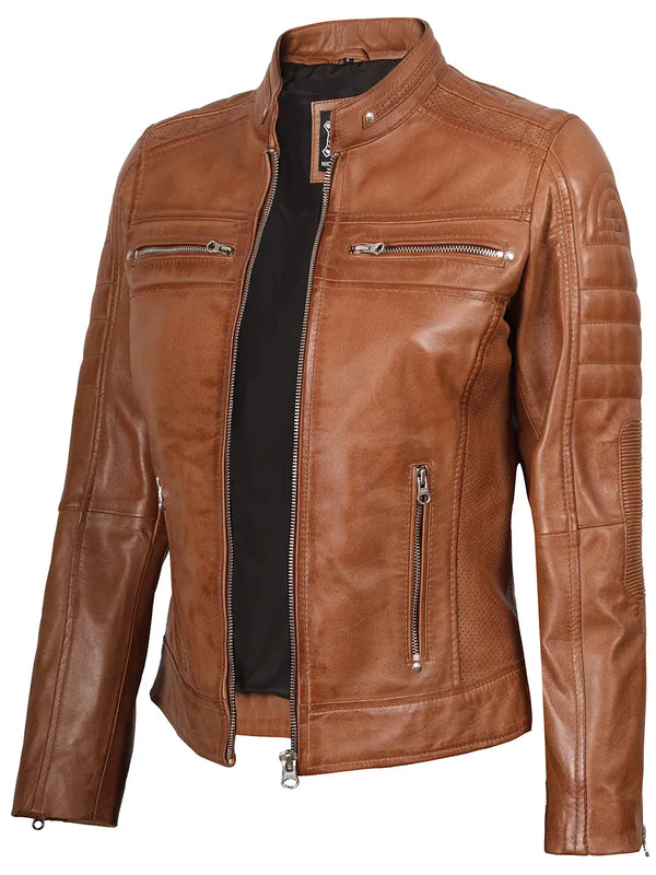 Austin Womens Tan Brown Biker Leather Jacket