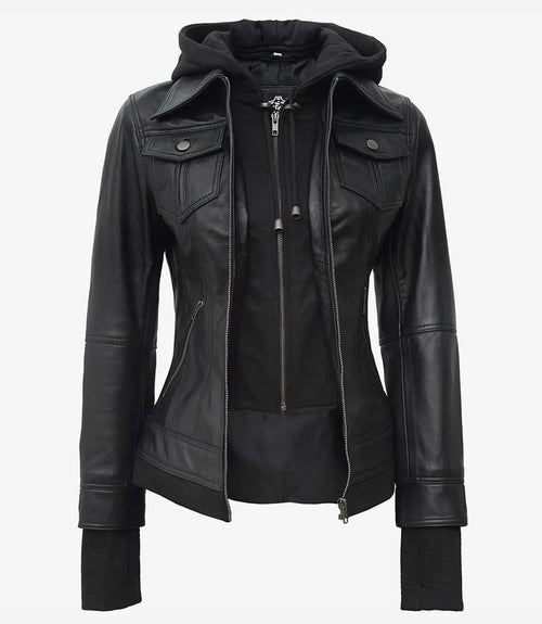 Black Real Leather Bomber Jackets for Womens