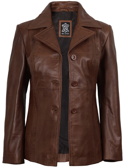 Cognac Brown Real Leather Blazer Womens 