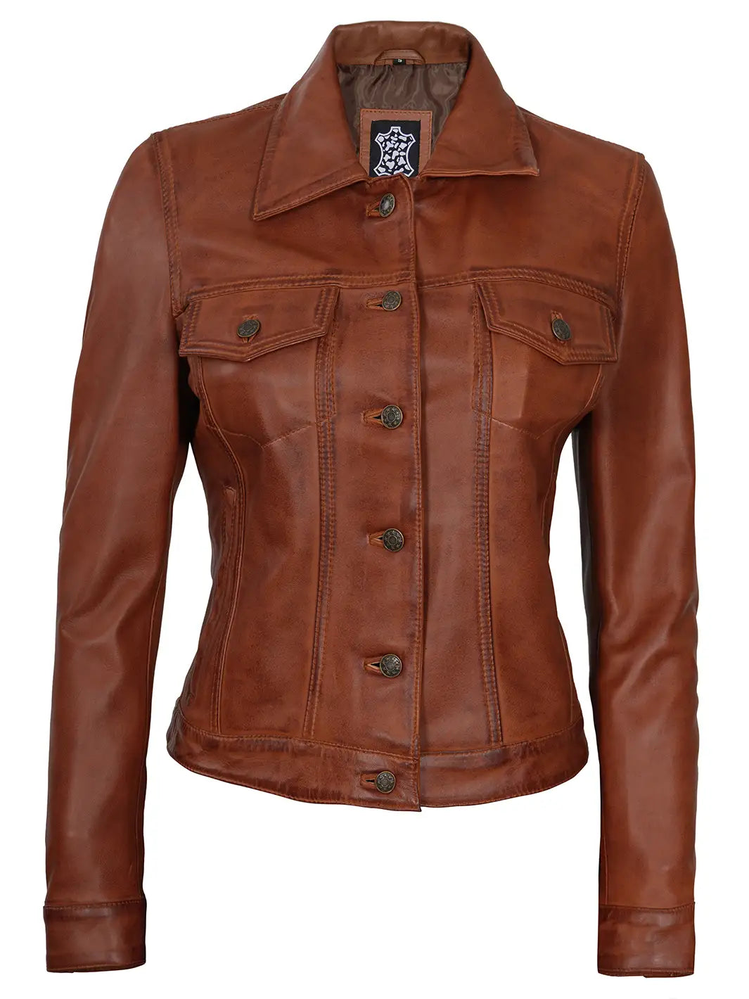 Cognac biker leather jacket for women