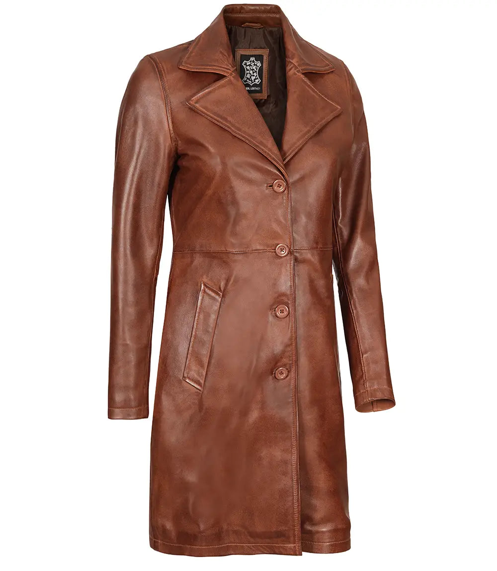 Cognac womens leather car coat