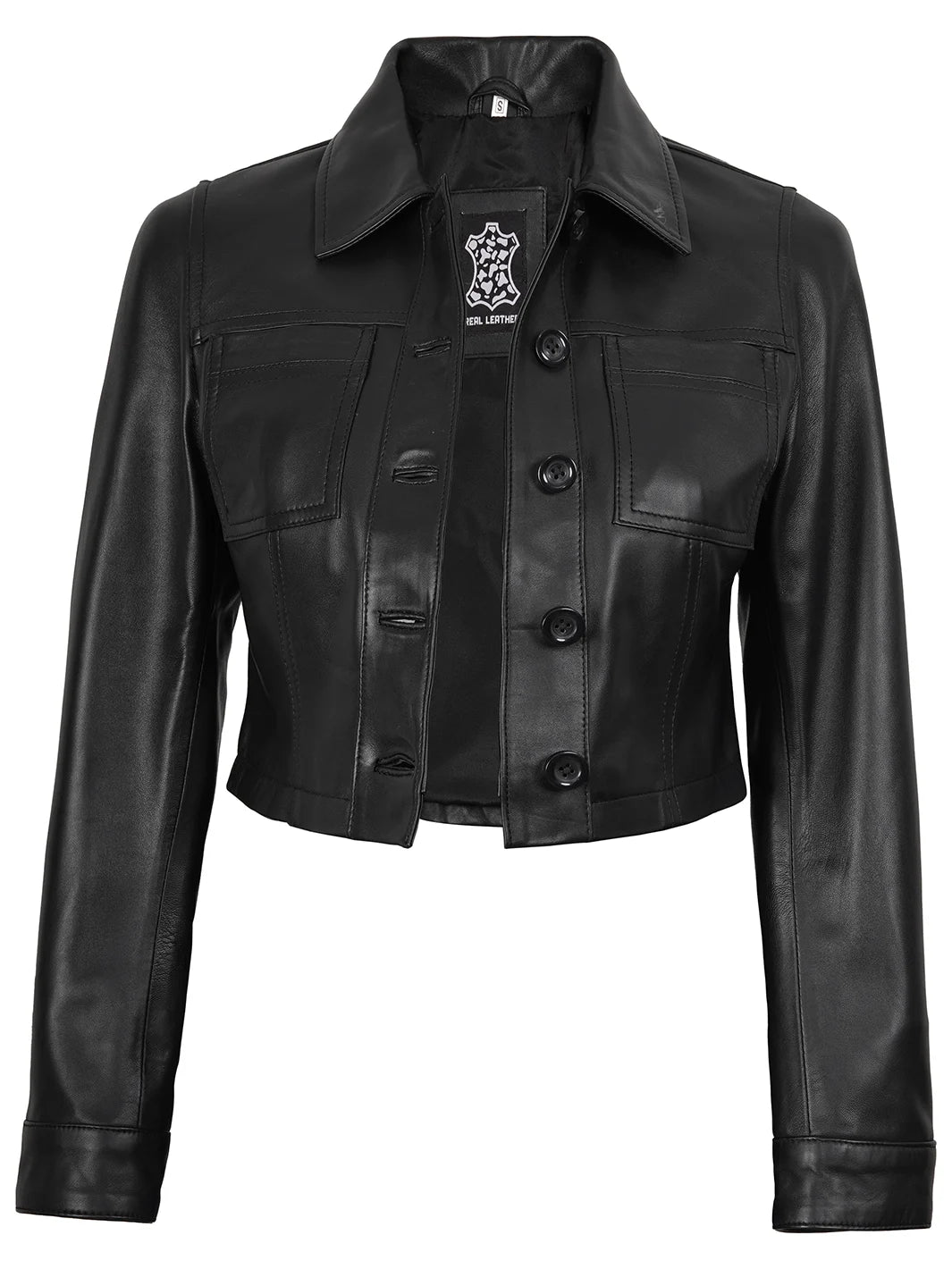 Womens Black Cropped Leather Jacket Shirt Collar