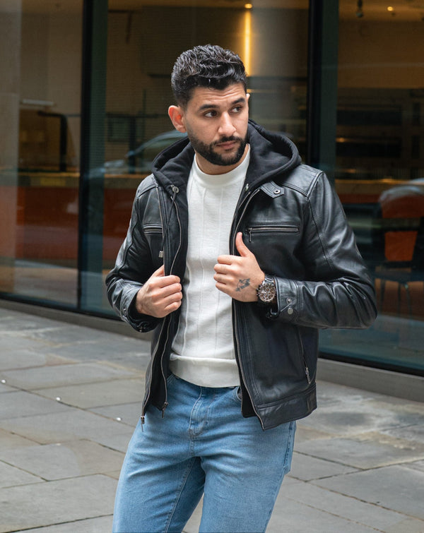 Merrill Men's Black Hooded Leather Jacket