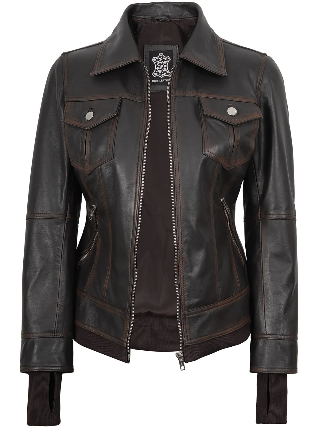 Dark Brown Womens Bomber Leather Jacket With Removable Hood