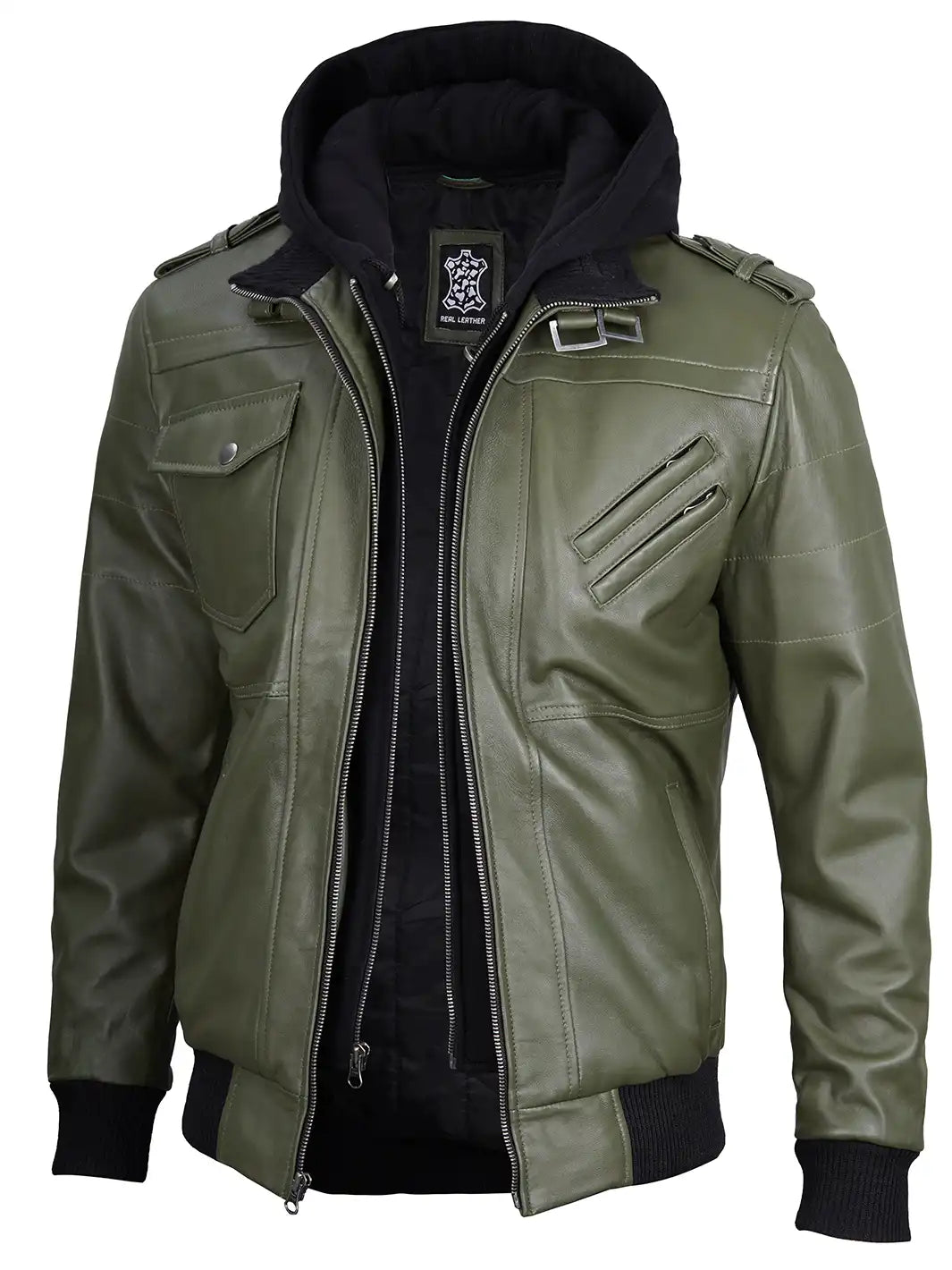 Green Hooded Leather Jacket