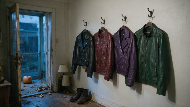 Black, burgundy, purple and green real leather jackets hanging on hooks beside a pumpkin on Halloween night