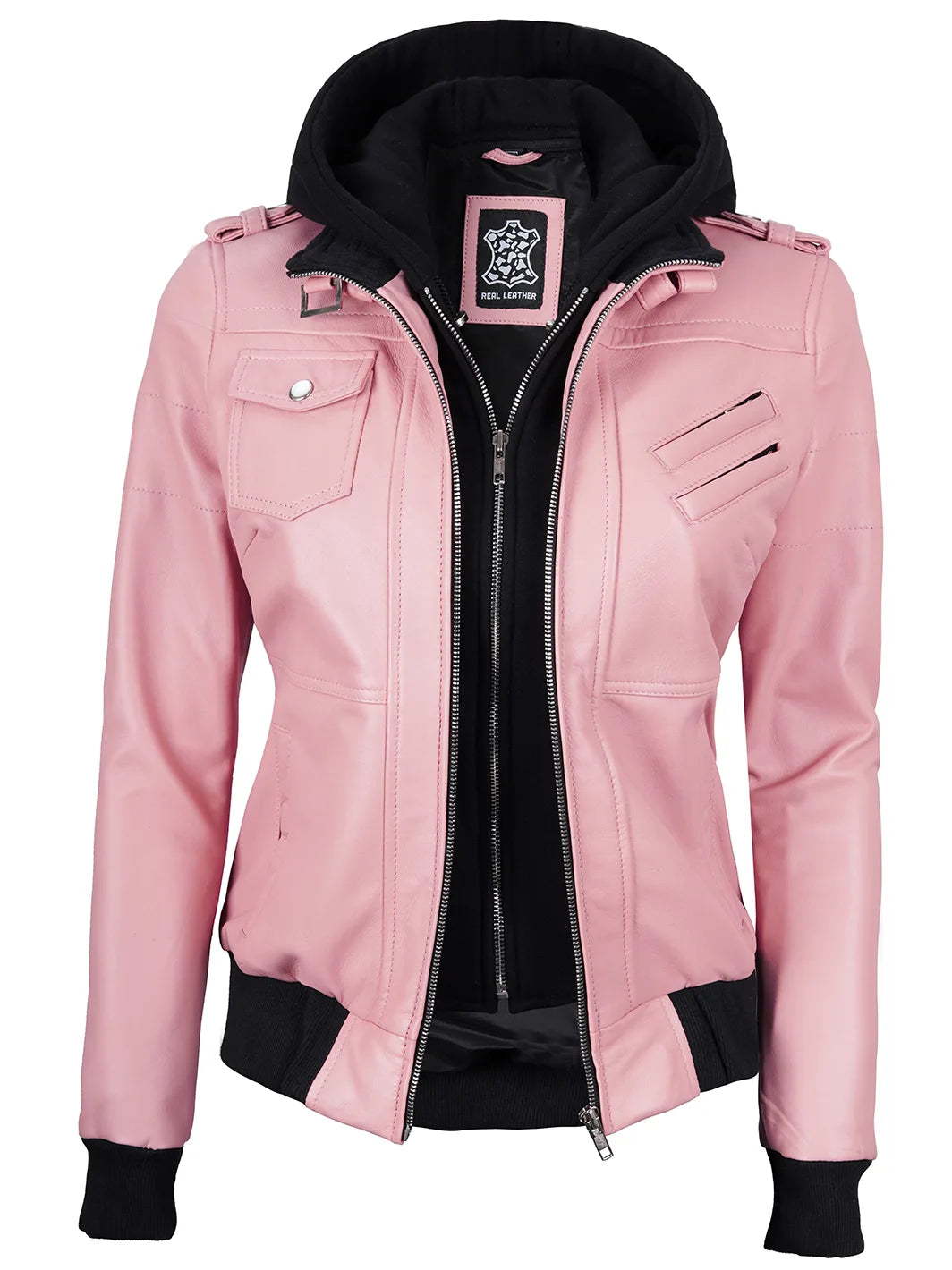 Hooded pink leather jacket