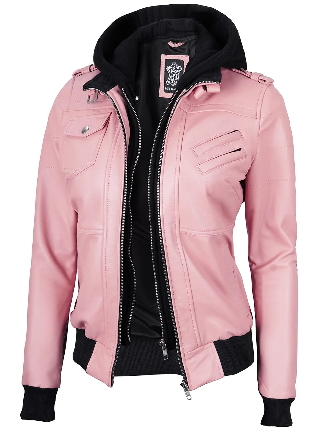 Hooded pink leather jacket women