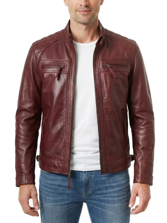 Men's burgundy quilted leather biker jacket