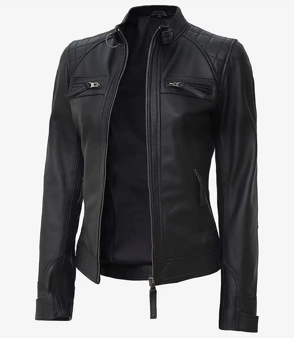 Johnson Women Black Quilted Biker Leather Jacket
