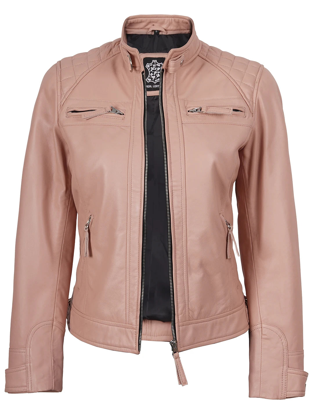 Johnson Womens Pink Cafe Racer Leather Jacket