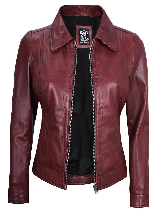 Women's burgundy Harrington real leather jacket