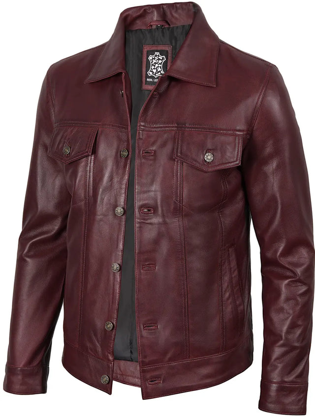Men's burgundy real leather trucker jacket
