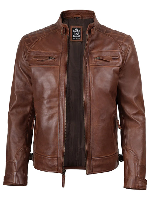 Men's Cognac Brown Quilted Biker Leather Jackets
