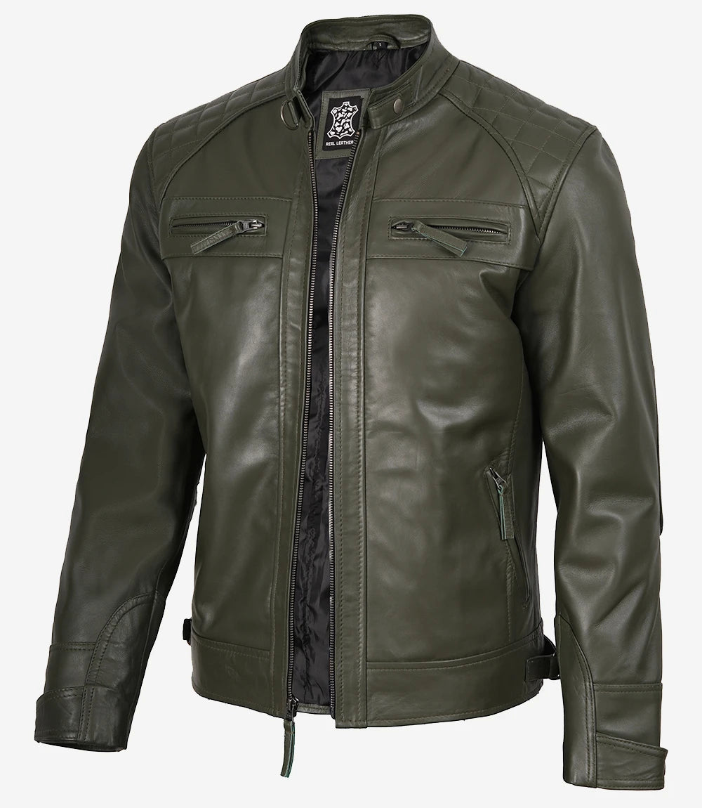 Mens Quilted Shoulder Olive Green Biker Leather Jacket - Front