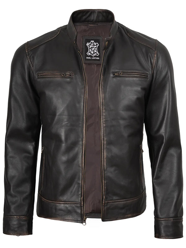 Mens Rub-Off Dark Brown Cafe Racer Leather Jacket