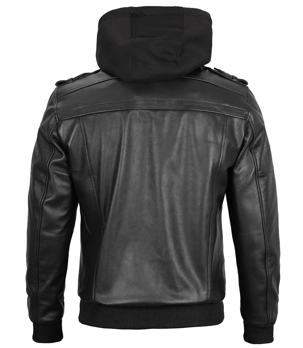 Mens real leather hooded jacket