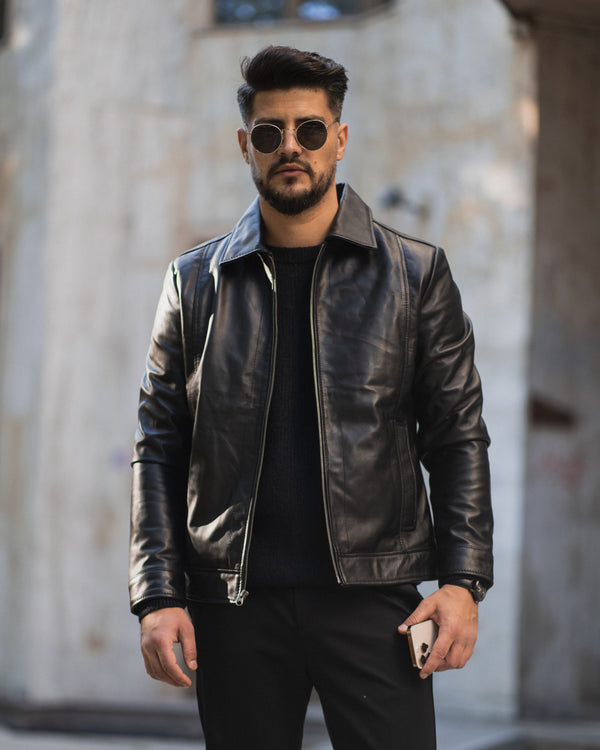 Reeves Men's Vintage Black Harrington Leather Jacket