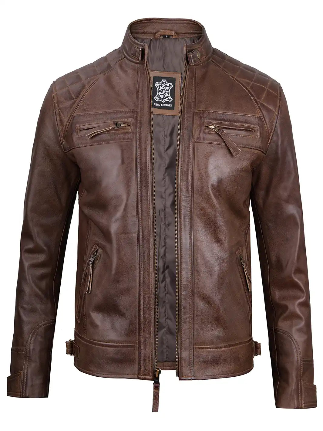 Men Chocolate Brown Cafe Racer Real Leather Jacket Decrum