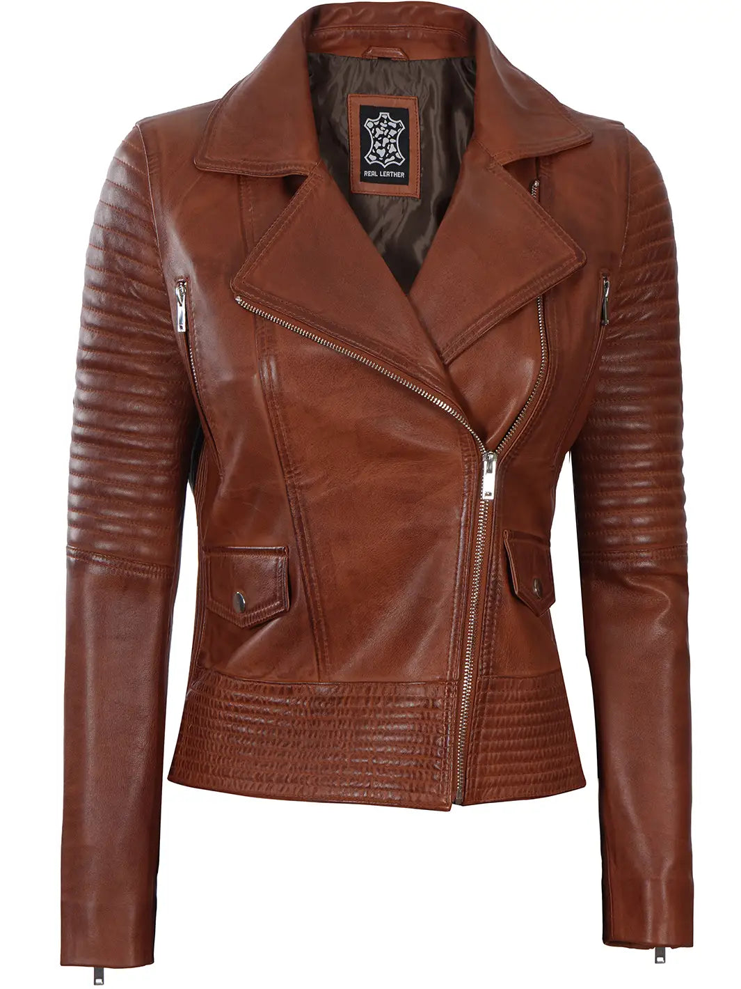 Gal gadot Womens Asymmetrical Cognac Wax Motorcycle Leather Jacket Decrum