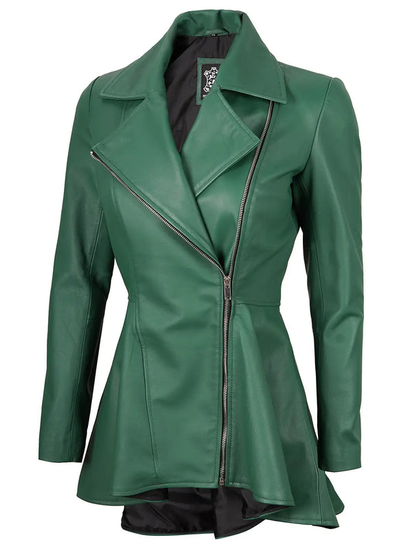 Peplum green leather jacket women