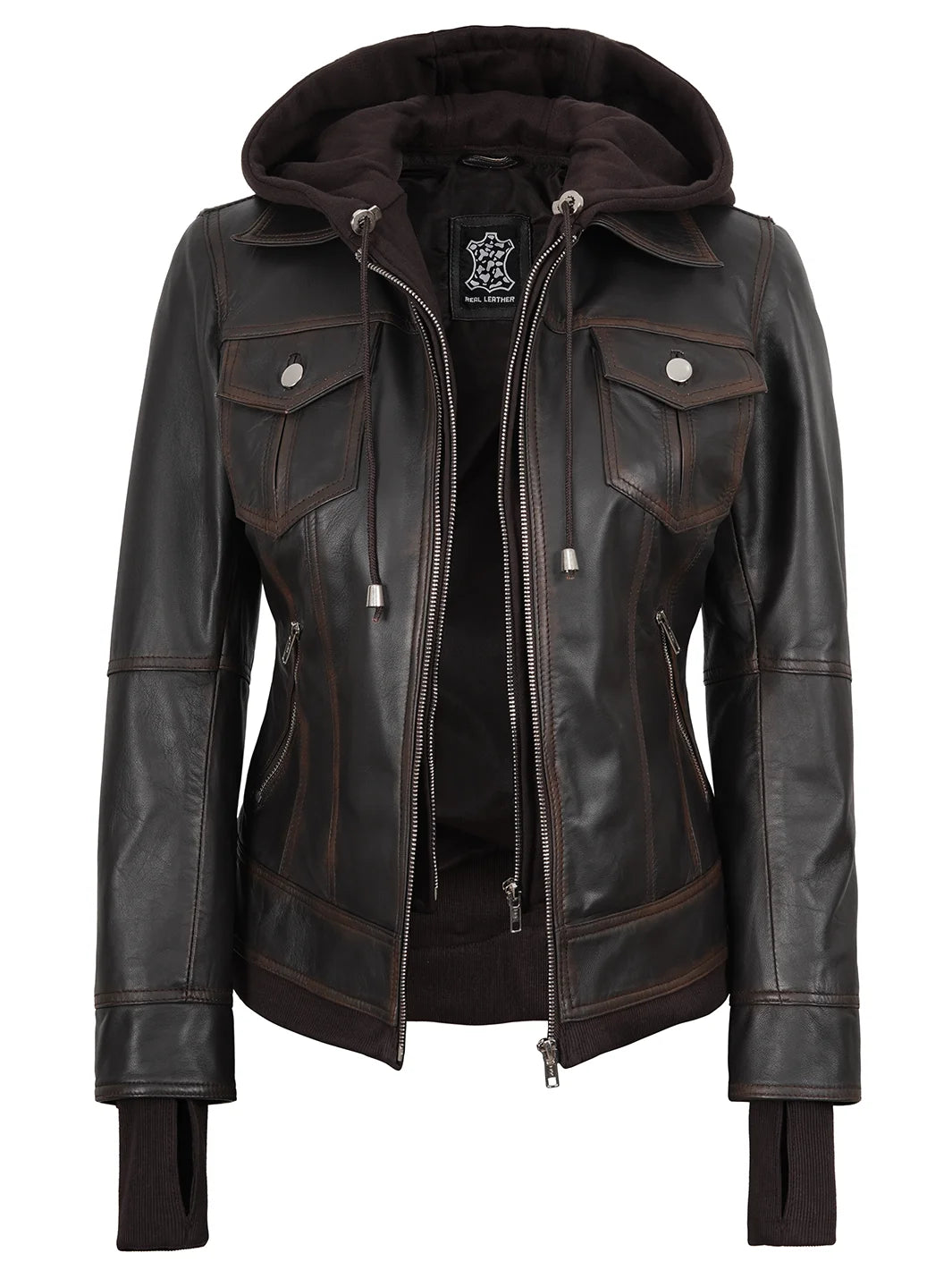 Women Brown Bomber Leather Jacket With Removable Hood