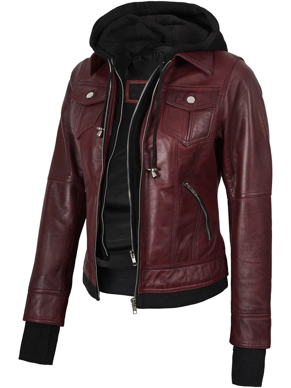 Tralee Women's Burgundy Leather Jacket with Hood
