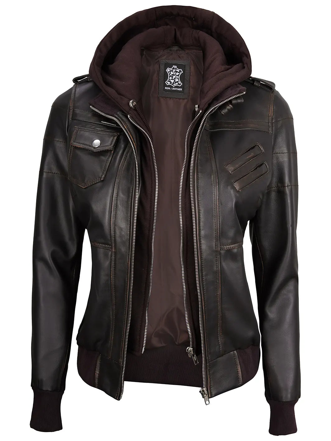 Women hooded leather bomber jacket