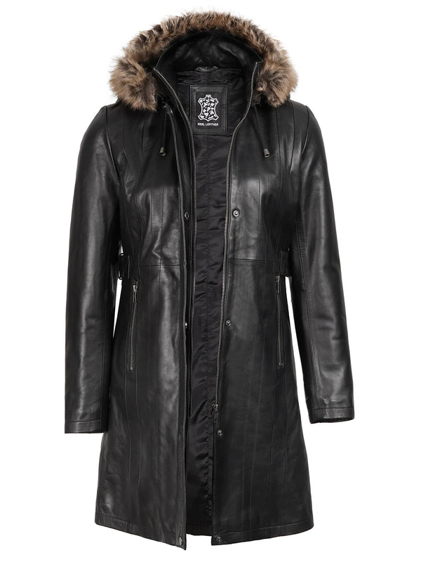 Women’s Black Real Lambskin Leather Hooded Shearling Coat