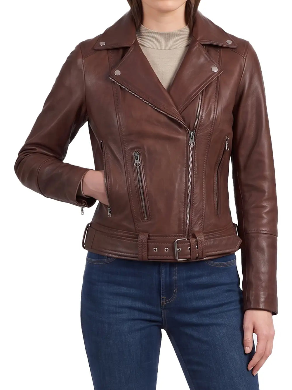 Women's Cognac Brown Lambskin Biker Jacket — Asymmetrical Collar