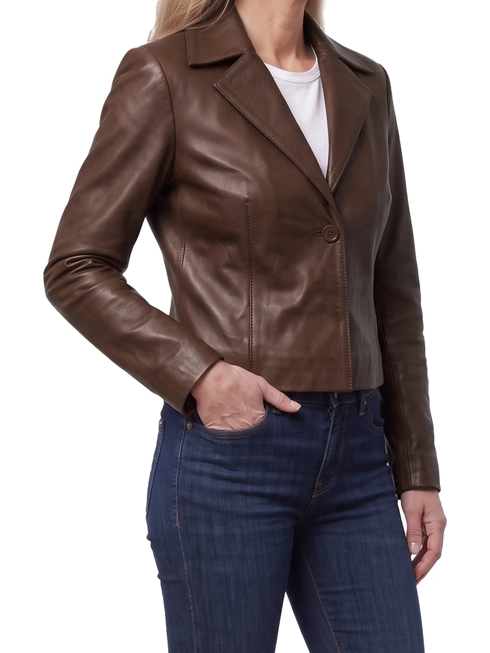 Women's Cognac Brown Single Button Cropped Leather Jacket - Front