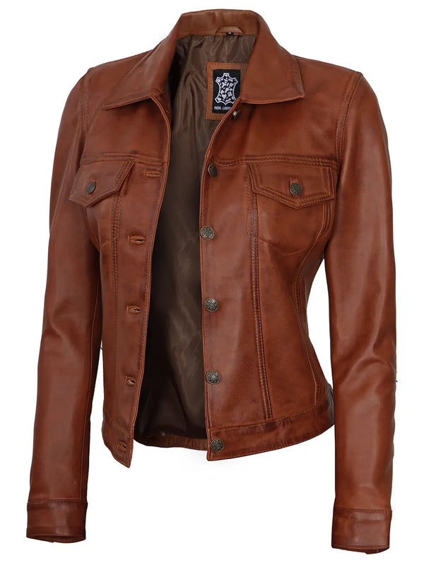 Women's Cognac Trucker Leather Jacket