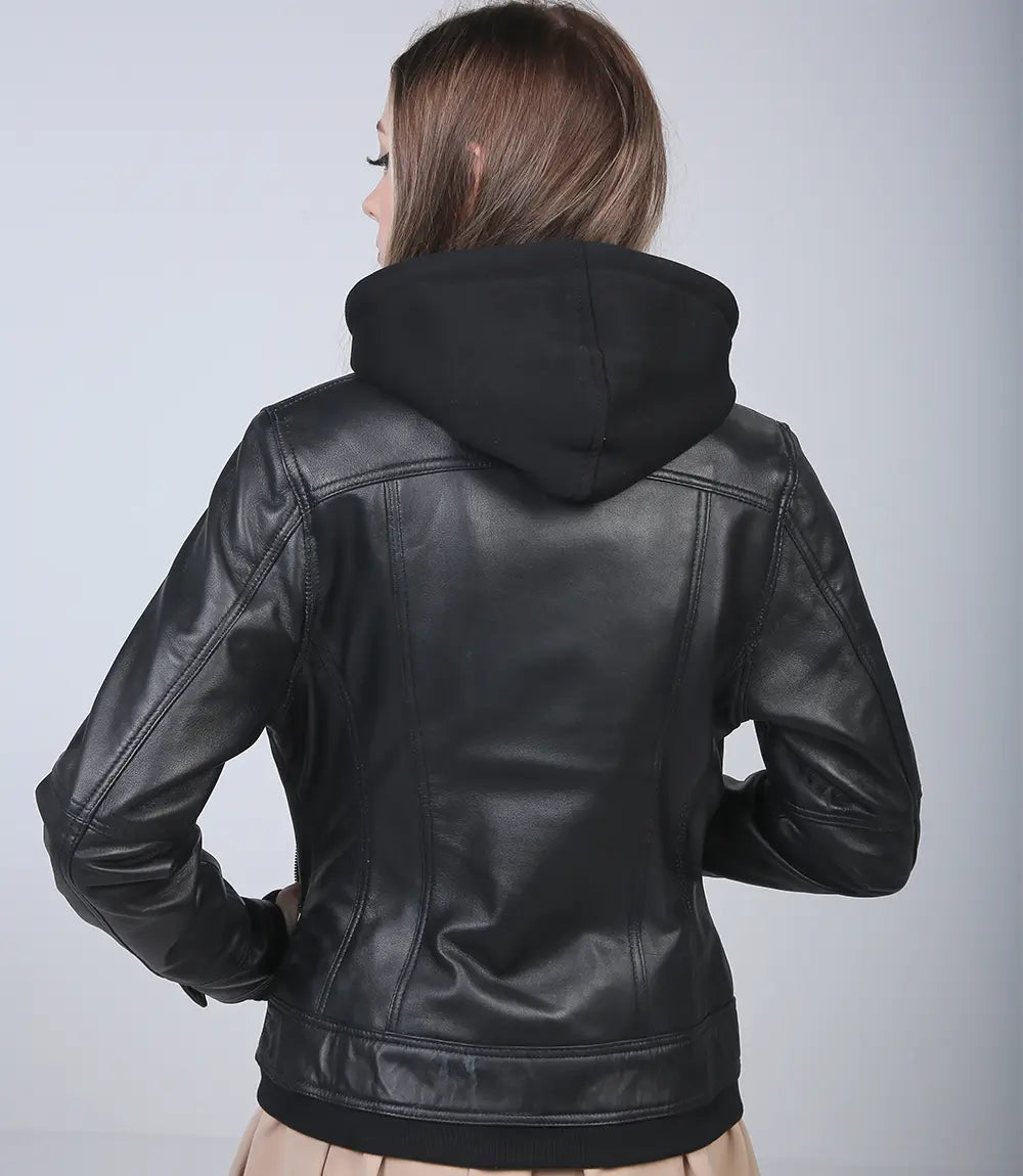 Women's hooded leather motorcycle jacket