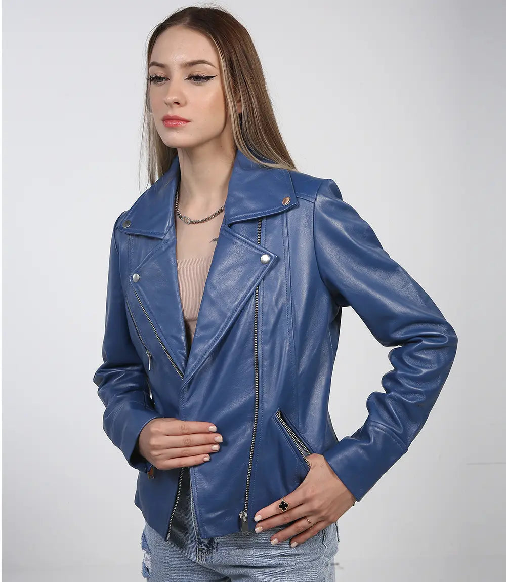 Women's modern blue leather biker jacket