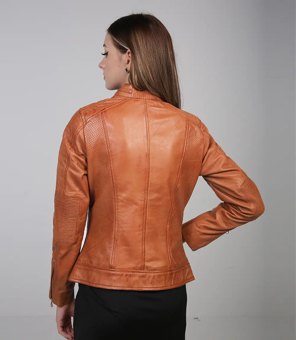 Women's stylish tan biker leather jacket