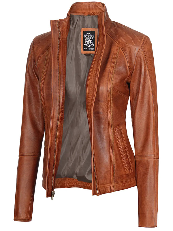 Women cafe racer leather biker jacket