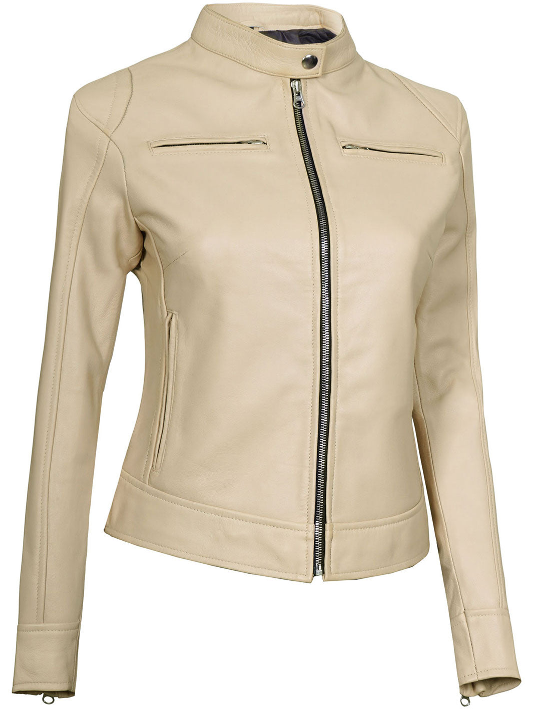 Dodge Women's Beige Leather Cafe Racer Motorcycle Jacket decrumnew